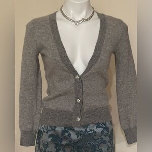J. CREW Gray Wool & Cashmere 3 Rhinestone Button, V Neck Cardigan Sweater Sz.S